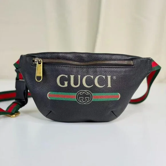 Gucci Black Leather Printed Bum Bag with Green & Red Stripes and Gold Hardware - Picture 1 of 8
